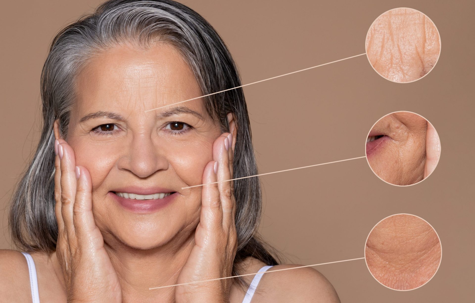 cheerful old caucasian lady touches face with hands close up skin problems enjoy antiaging scaled